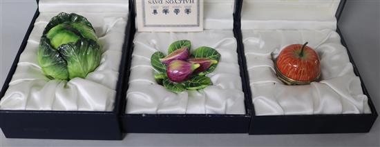 Seven Halcyon Days enamel bonbonnieres modelled as fruit and vegetables;
